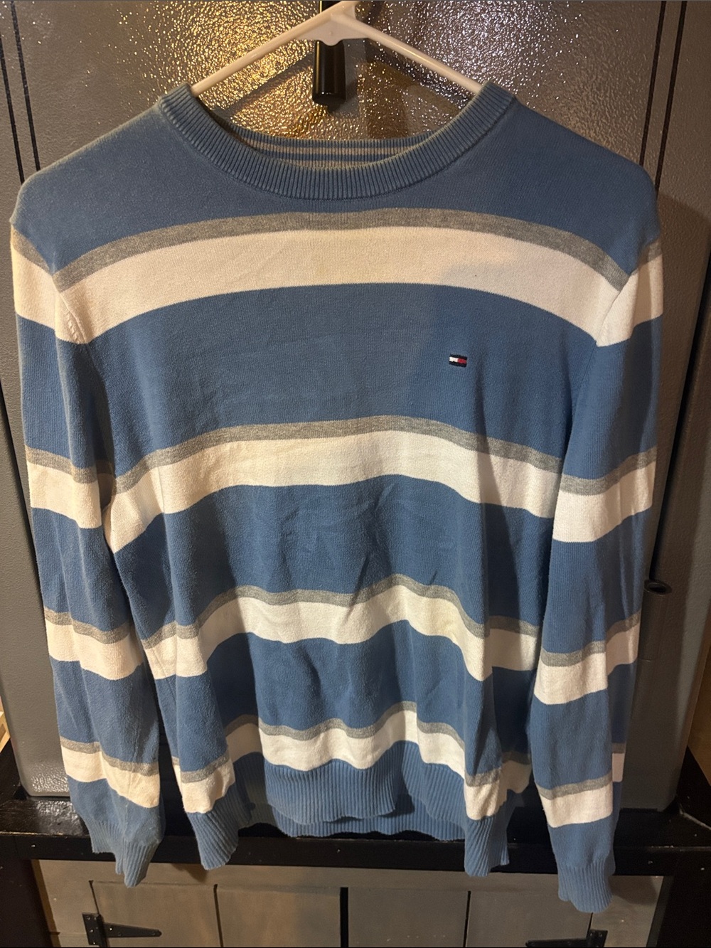 Tommy Hilfiger Blue, White & Gray Striped Crewneck Sweater